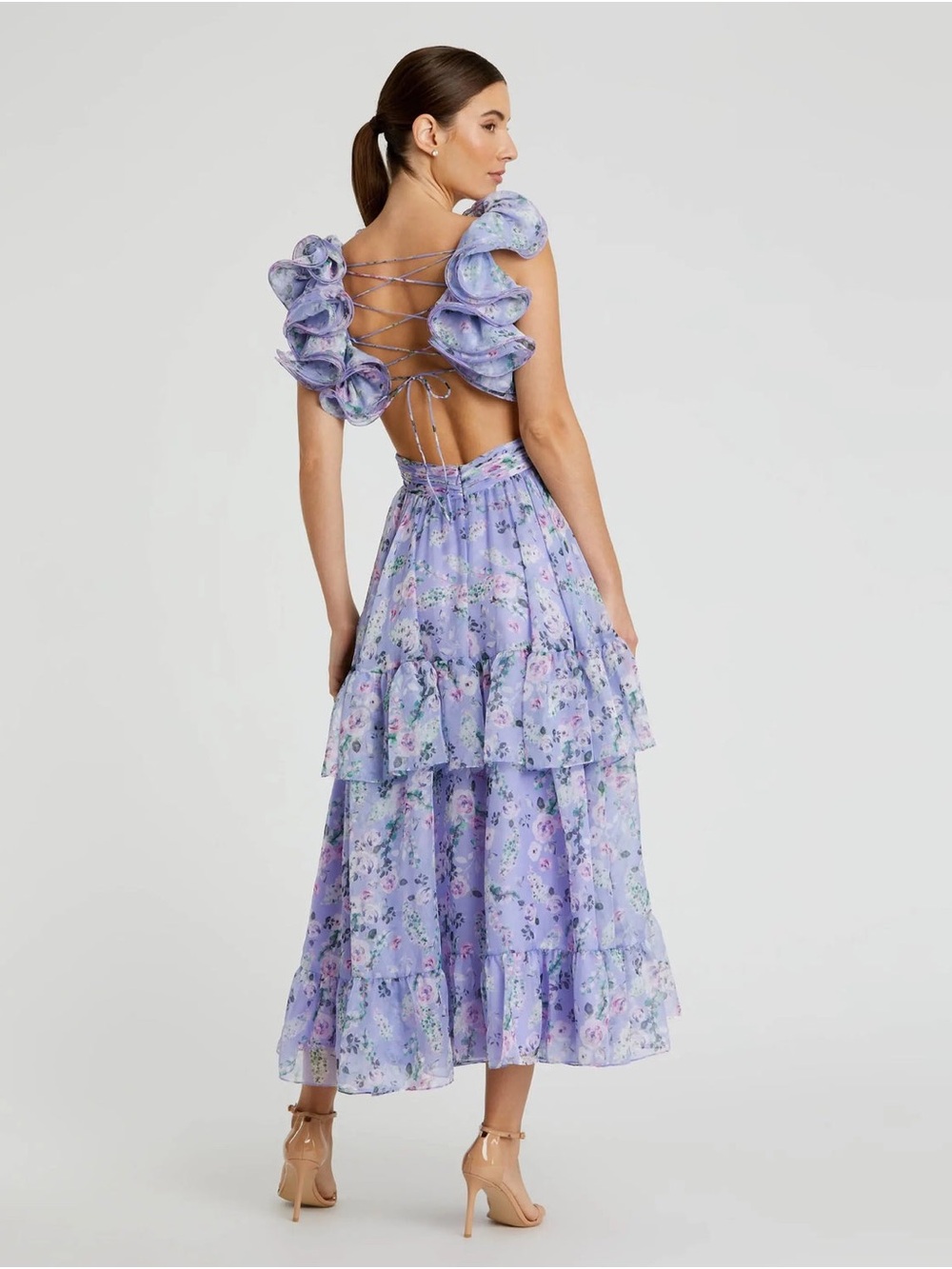 Ieena for Mac Duggal Lilac Multi Purple Ruffle Tiered Floral Chiffon Midi Dress - Picture 2 of 6